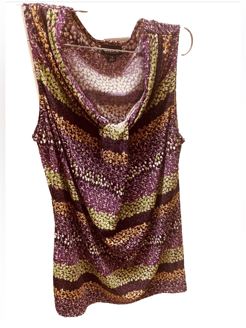 Flowered Purple and Green Cowl Neck Sleeveless Top